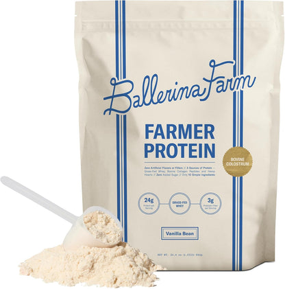 Ballerina Farm Grass Fed Whey Protein Powder, 24g Protein with Collagen Peptides, Bovine Colostrum, Hemp Hearts & Prebiotic Fiber