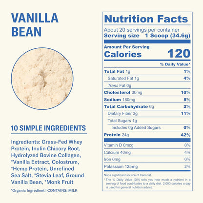 Ballerina Farm Grass Fed Whey Protein Powder, 24g Protein with Collagen Peptides, Bovine Colostrum, Hemp Hearts & Prebiotic Fiber