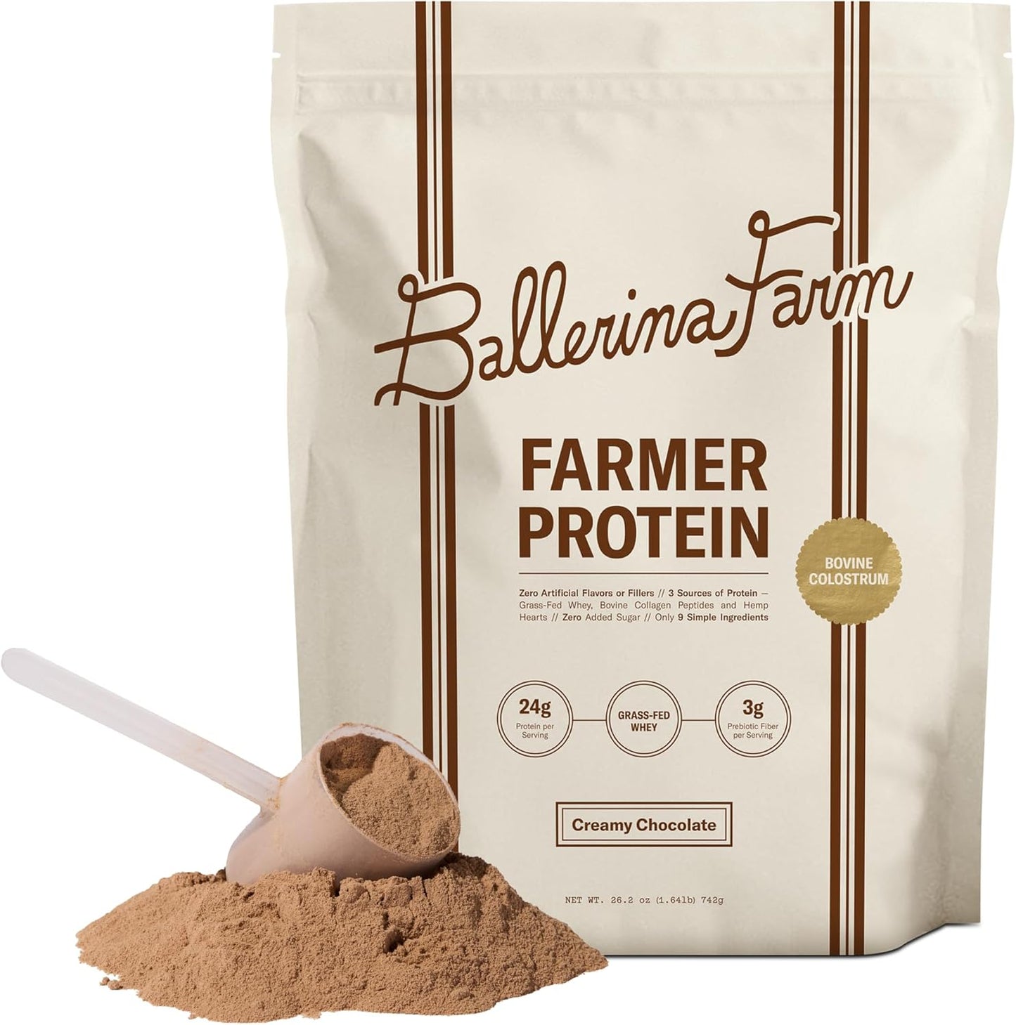 Ballerina Farm Grass Fed Whey Protein Powder, 24g Protein with Collagen Peptides, Bovine Colostrum, Hemp Hearts & Prebiotic Fiber