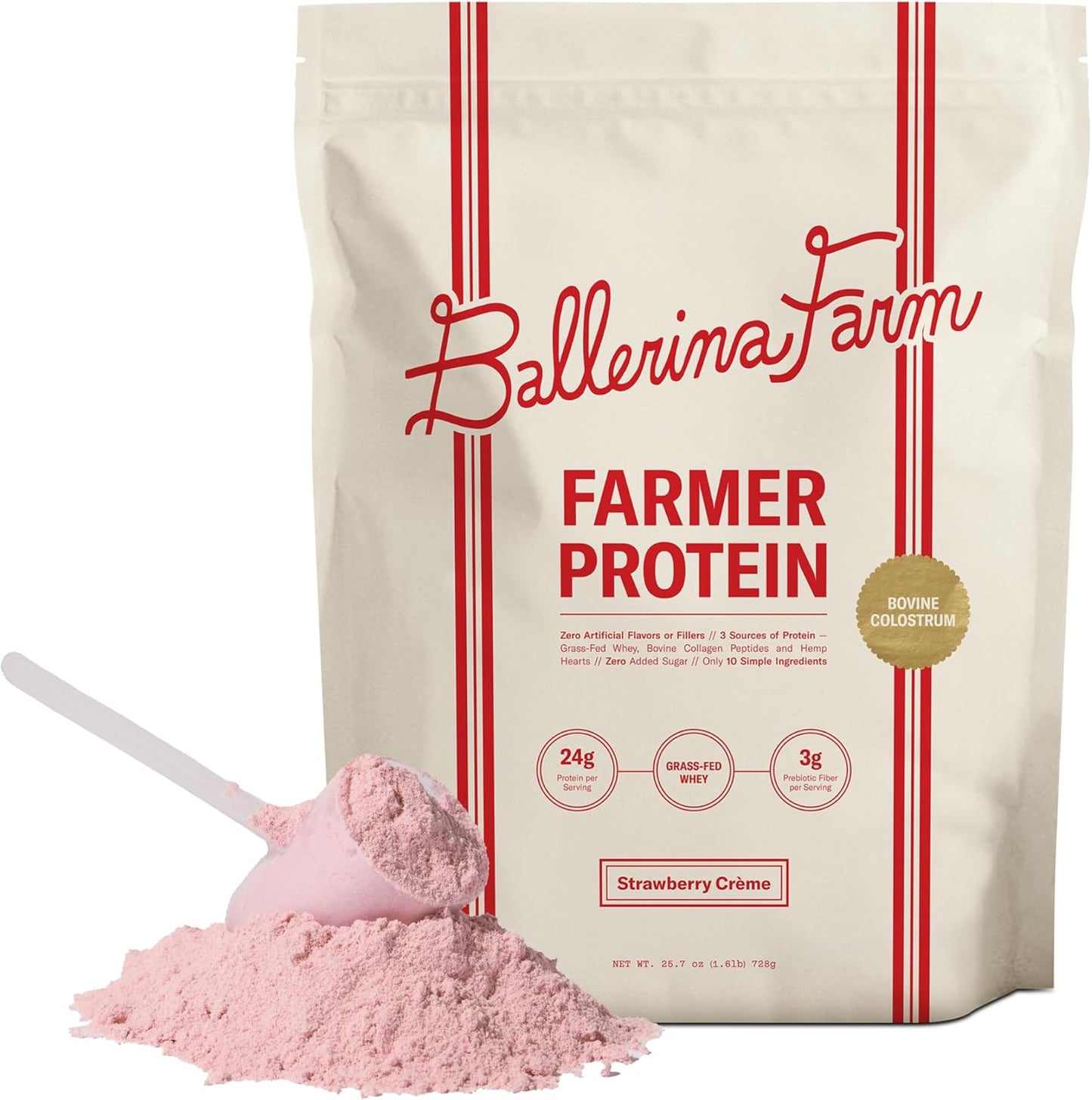 Ballerina Farm Grass Fed Whey Protein Powder, 24g Protein with Collagen Peptides, Bovine Colostrum, Hemp Hearts & Prebiotic Fiber