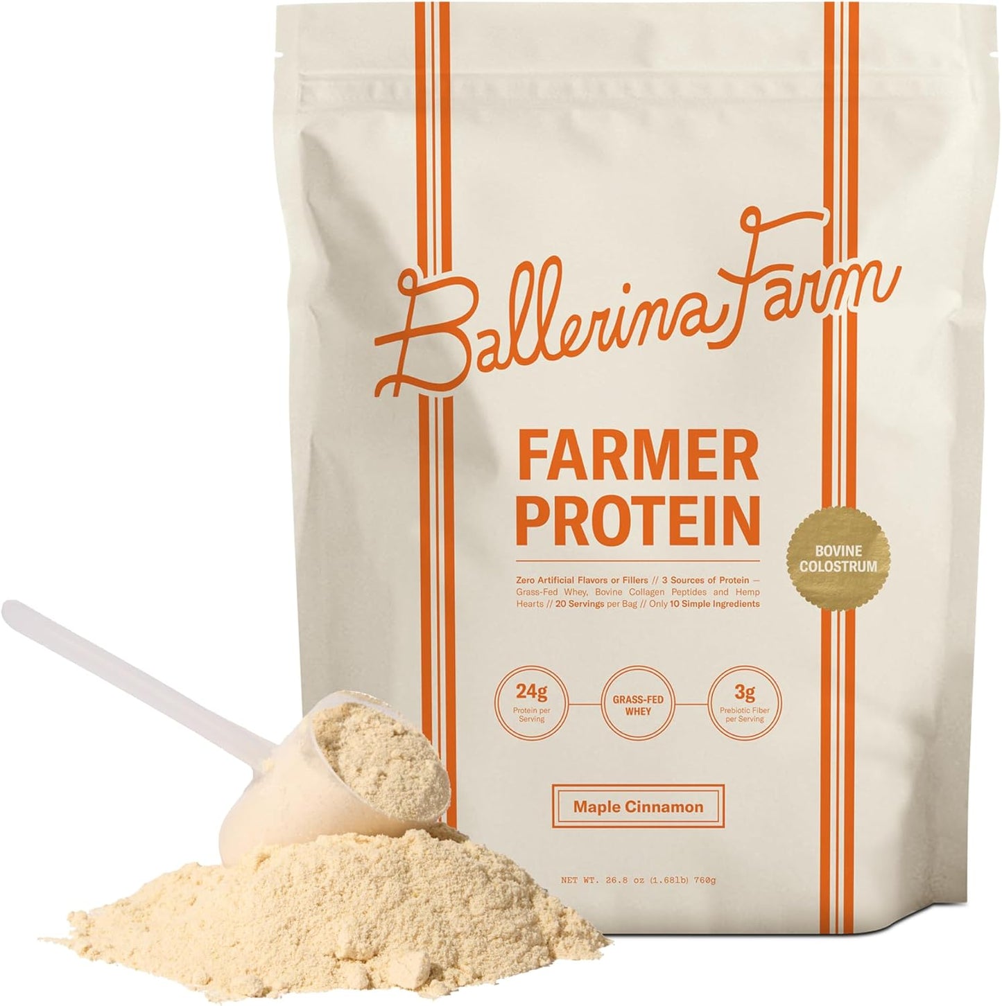 Ballerina Farm Grass Fed Whey Protein Powder, 24g Protein with Collagen Peptides, Bovine Colostrum, Hemp Hearts & Prebiotic Fiber